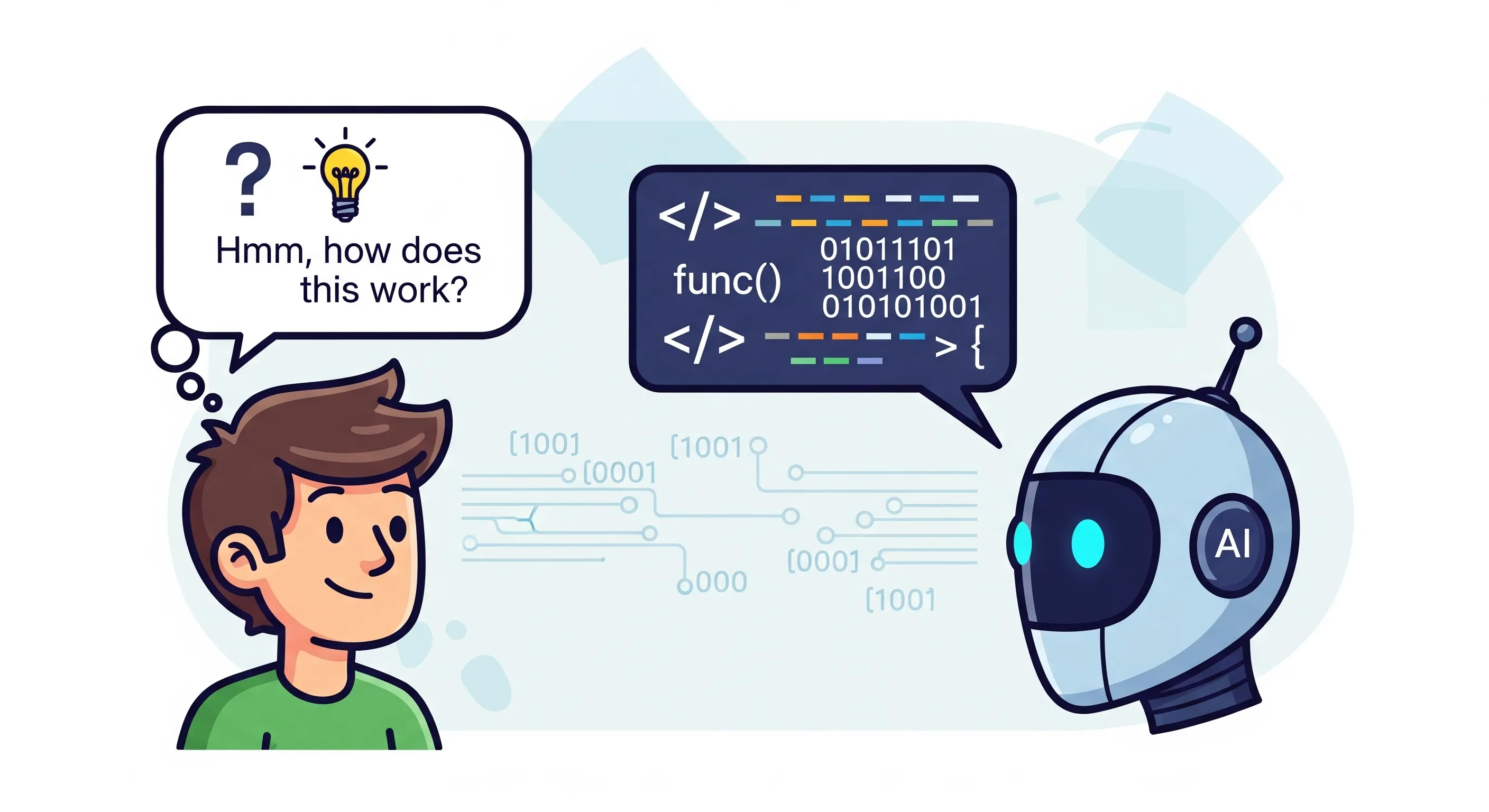 Ilustrasi yang menggambarkan dialog antara manusia dan AI, dengan gelembung obrolan dan simbol kode.